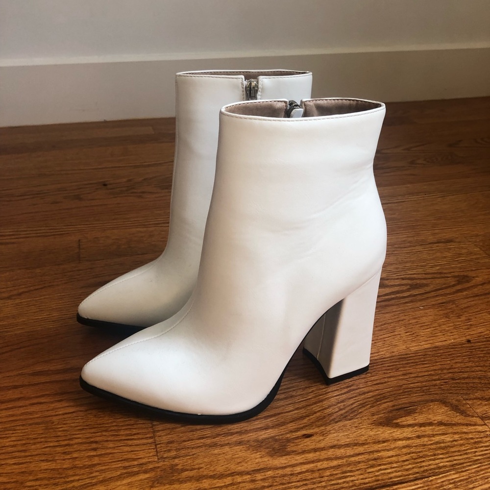 White leather block heel booties